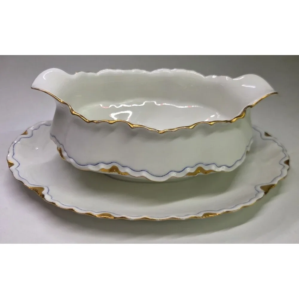 Antique Haviland Limoges Gravy Boat With Attached Under Plate Gold Blue France